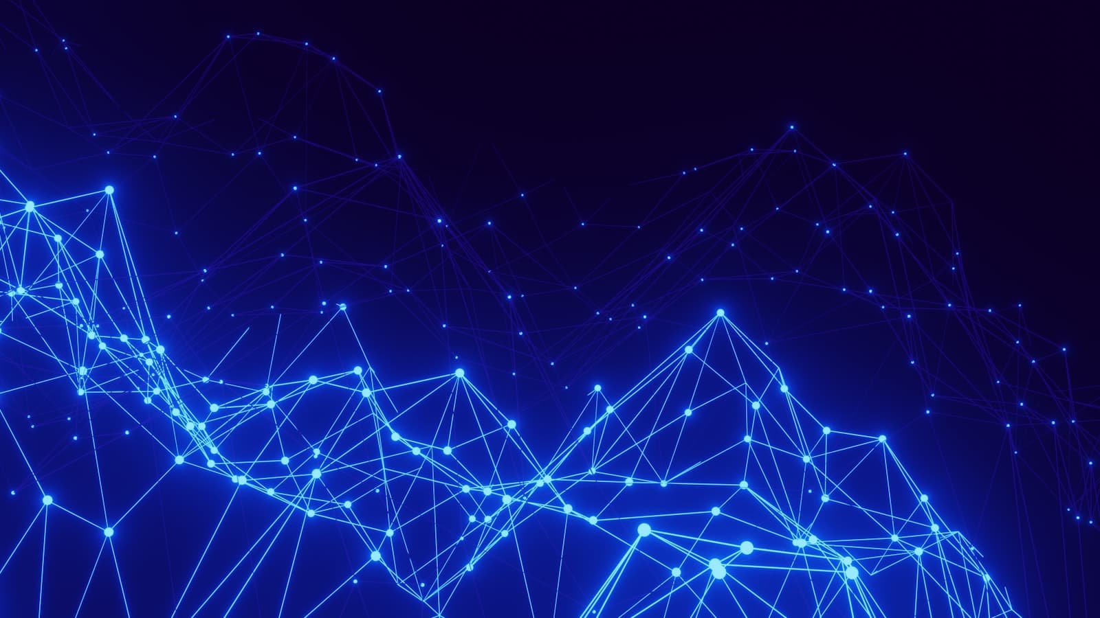 Abstract blue network mesh of glowing nodes and connecting lines on a dark background