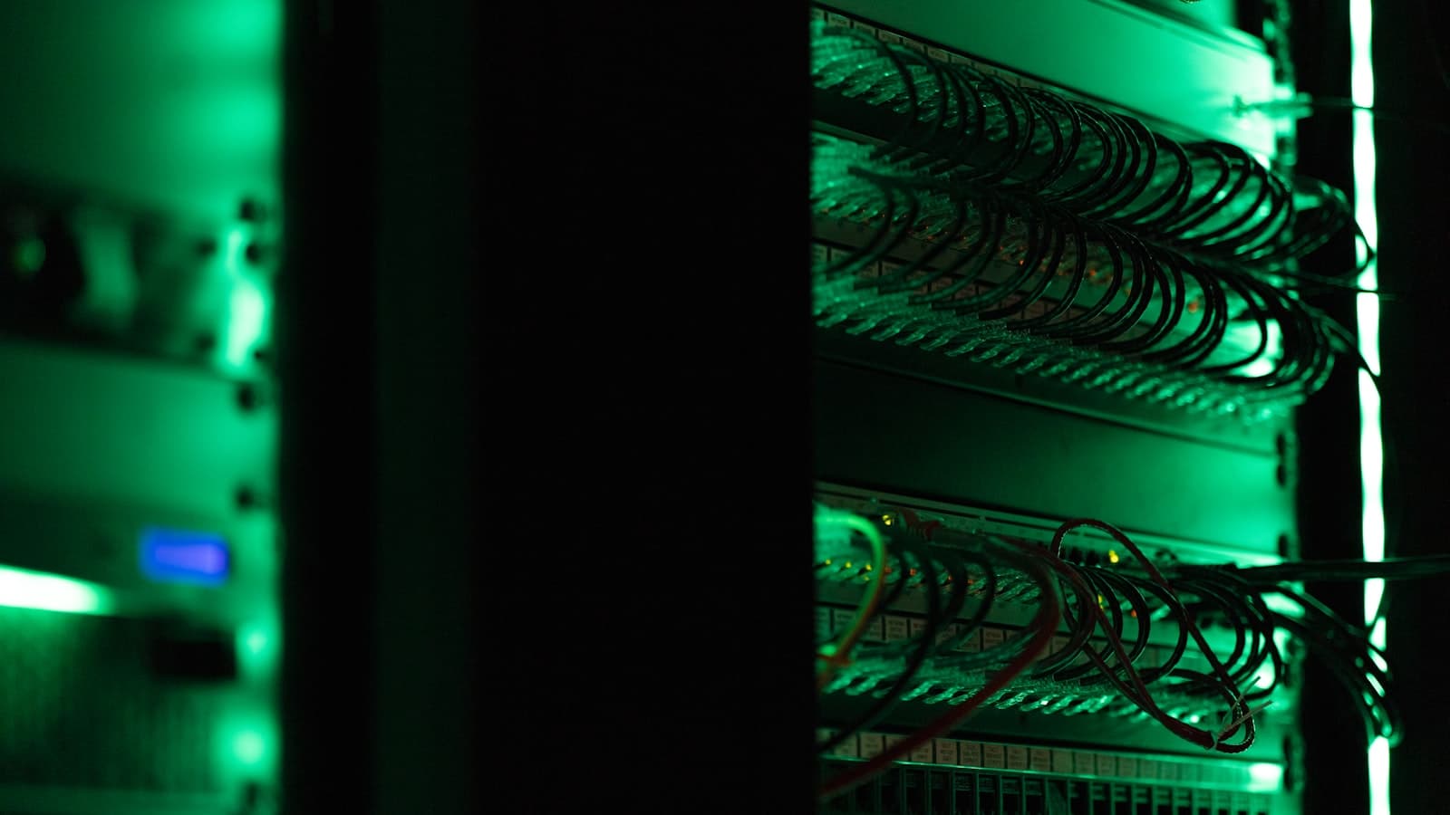 Green-lit server rack with patch panels and bundled network cabling in a dark room