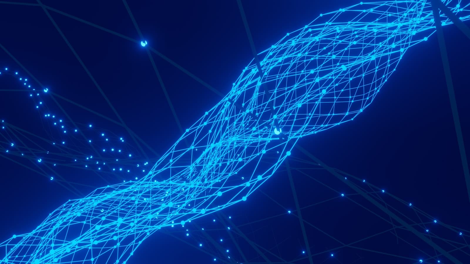 A twisting strand of glowing blue network nodes and lines on a dark background