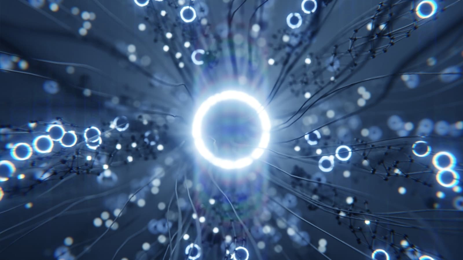 An abstract glowing white ring surrounded by blue particles and network nodes