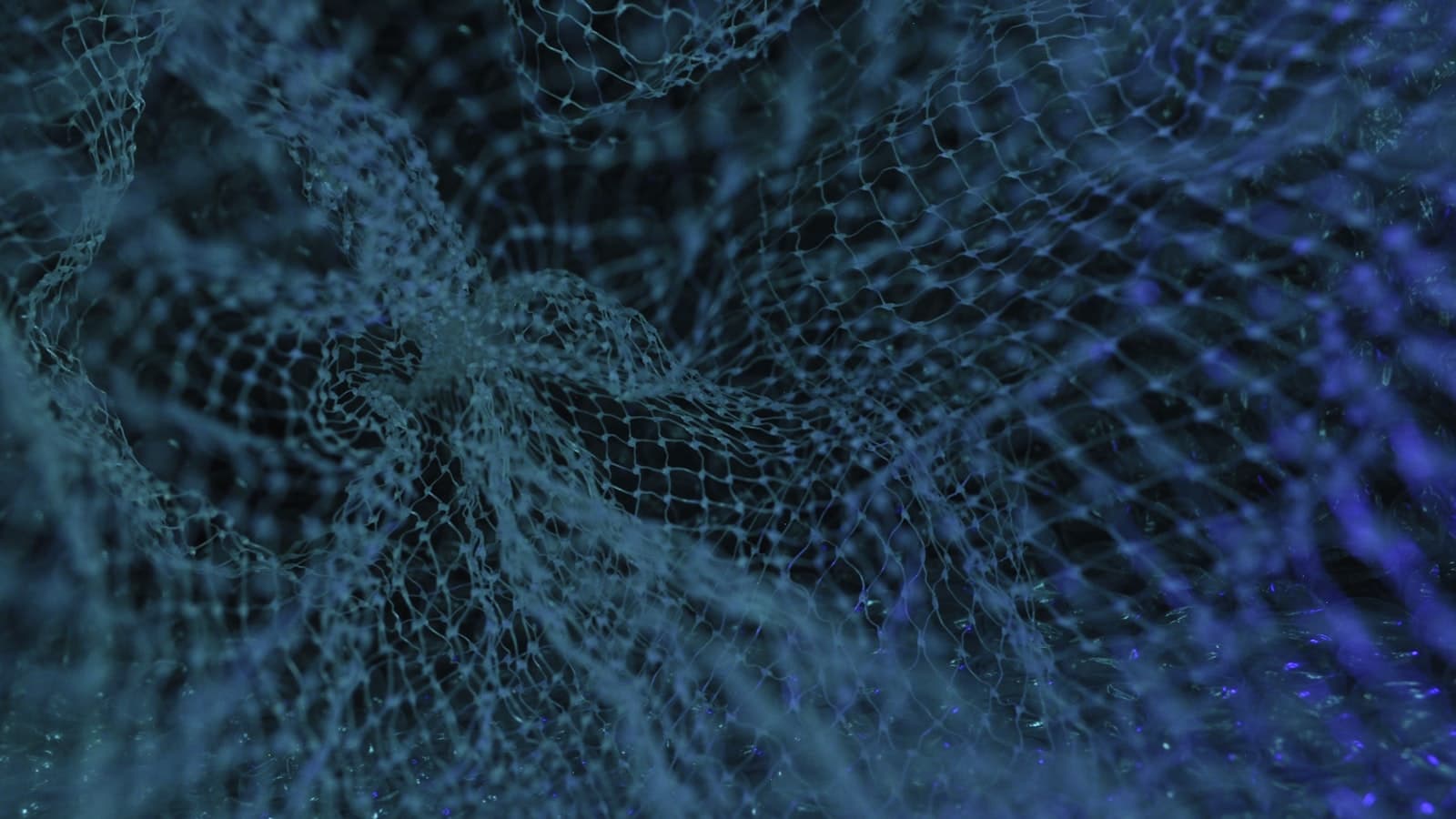 An abstract blue mesh net texture with a swirling web-like pattern